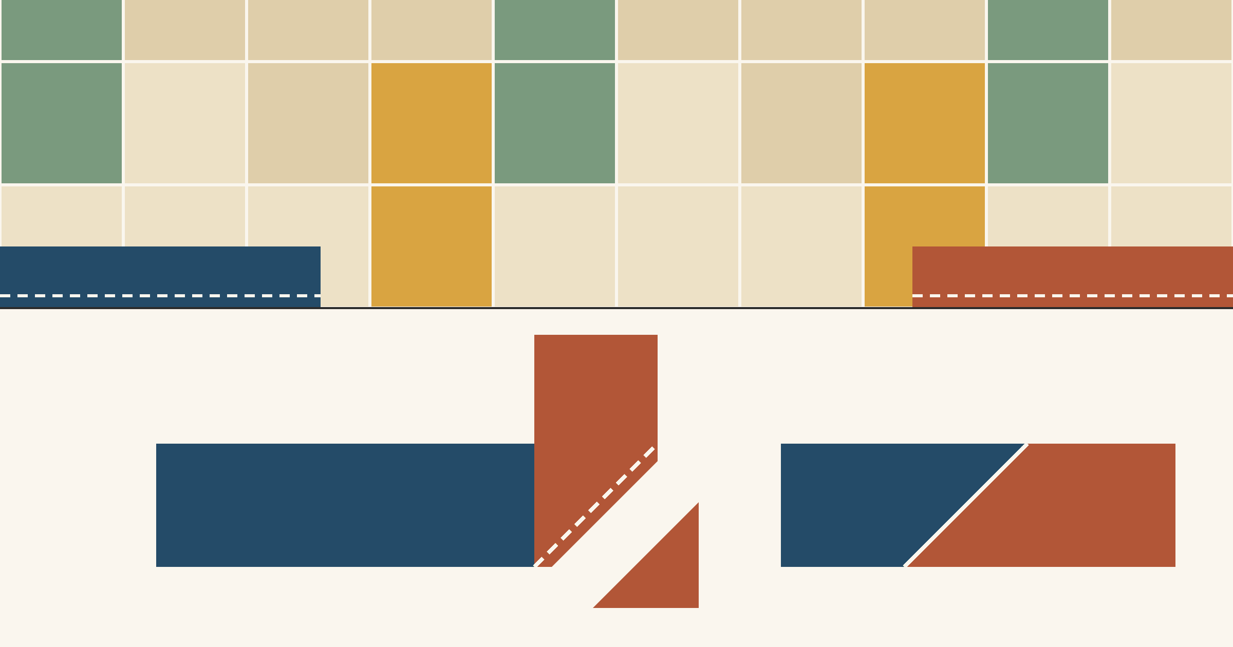 Flat diagram of a patchwork quilt edge with navy and rust binding sewn along it and a 12-inch gap left open; below, the two opened binding tails cross at a right angle with a dashed diagonal stitching line and the trimmed corner set aside, beside the joined strip with its 45-degree seam