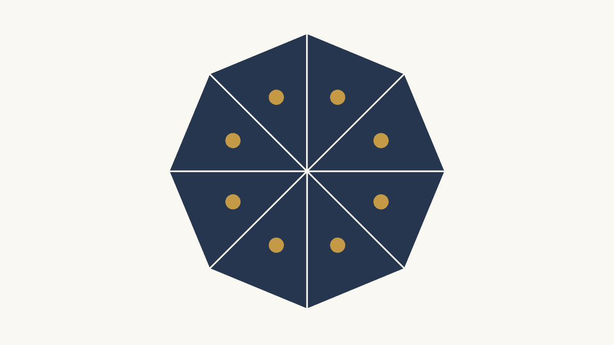 A drawn eight-sector octagon repeats one gold print detail in each rotating wedge.