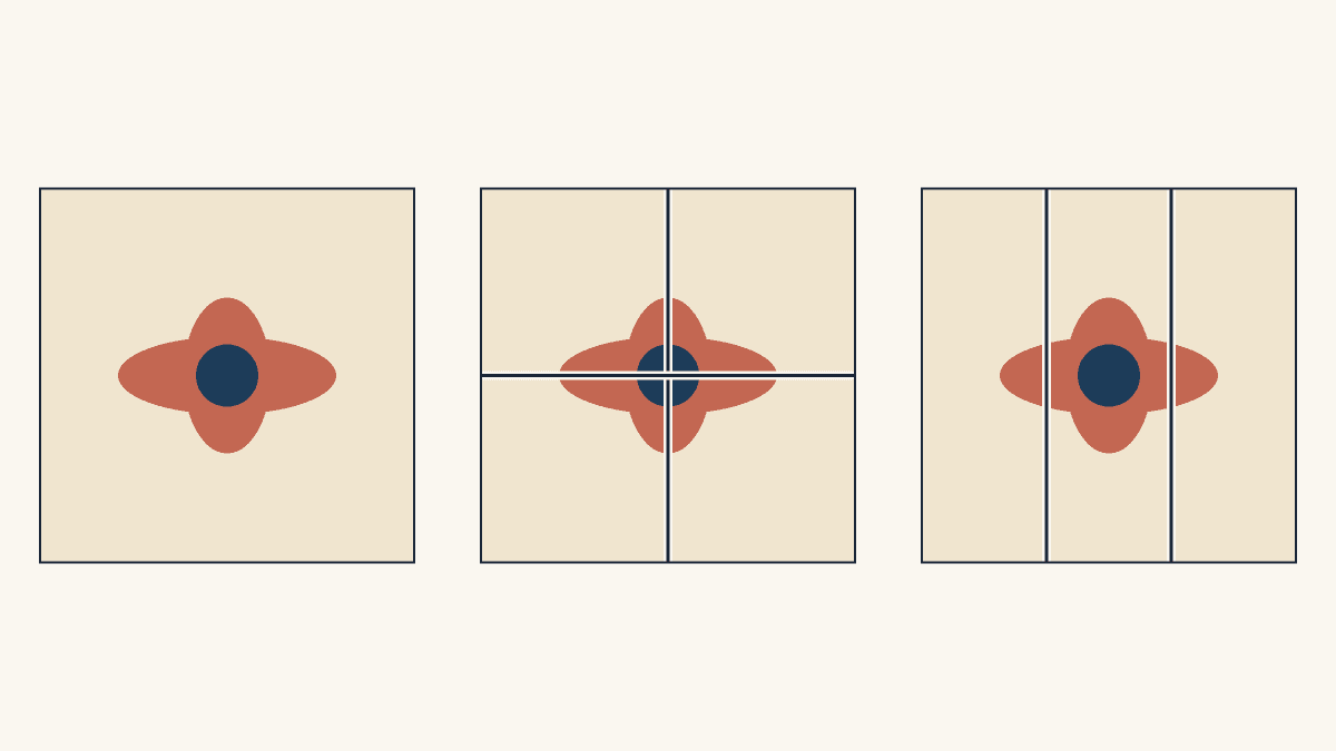 Three same-size drawn flower studies: a whole square keeps the motif, a Four Patch seam crosses its navy center, and three vertical bands keep the center while crossing the coral petals
