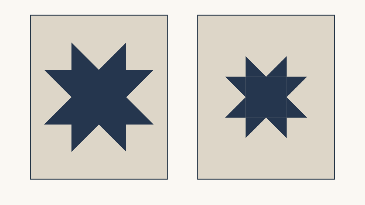 Two same-scale quilt drawings compare a large and small navy Sawtooth Star on a pale field.