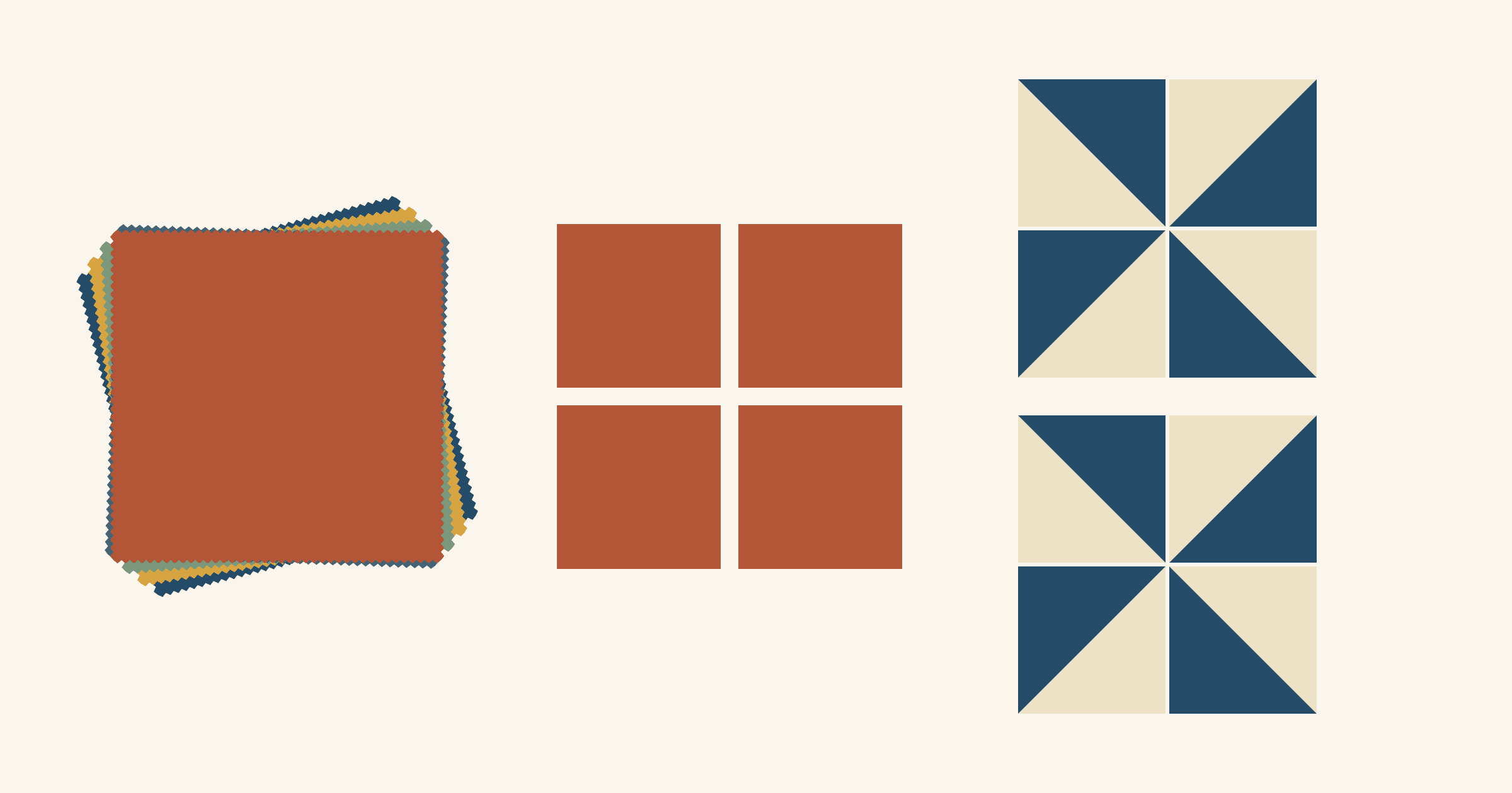 Flat diagram of a fanned stack of pinked 10-inch squares, one rust square cut into four 5-inch squares, and eight navy and cream half-square triangles sewn into two pinwheel blocks