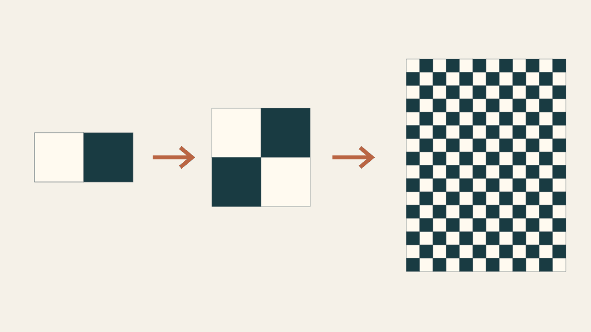 Drawn sequence from one light-and-dark pair to a Four Patch block and then a checkerboard quilt of six columns and eight rows of blocks