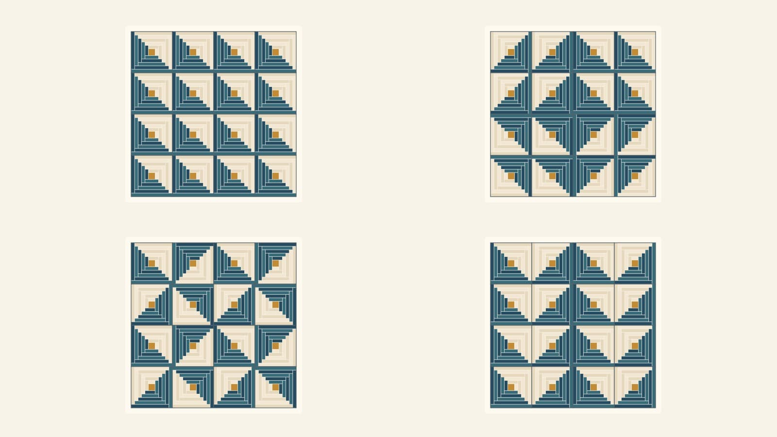 Four original navy-and-cream Log Cabin quilt layouts using sixteen identical blocks in different rotations