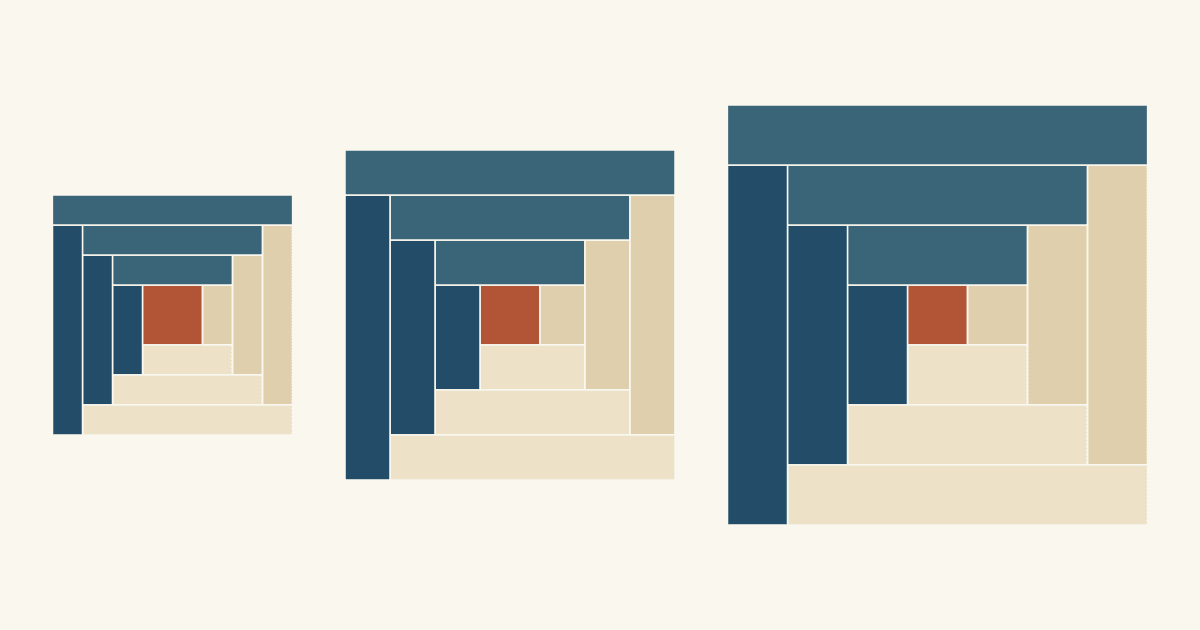 Three Log Cabin blocks side by side at one scale, each with the same rust center and three rounds of navy and tan logs, growing from 8 to 11 to 14 inches as the logs widen