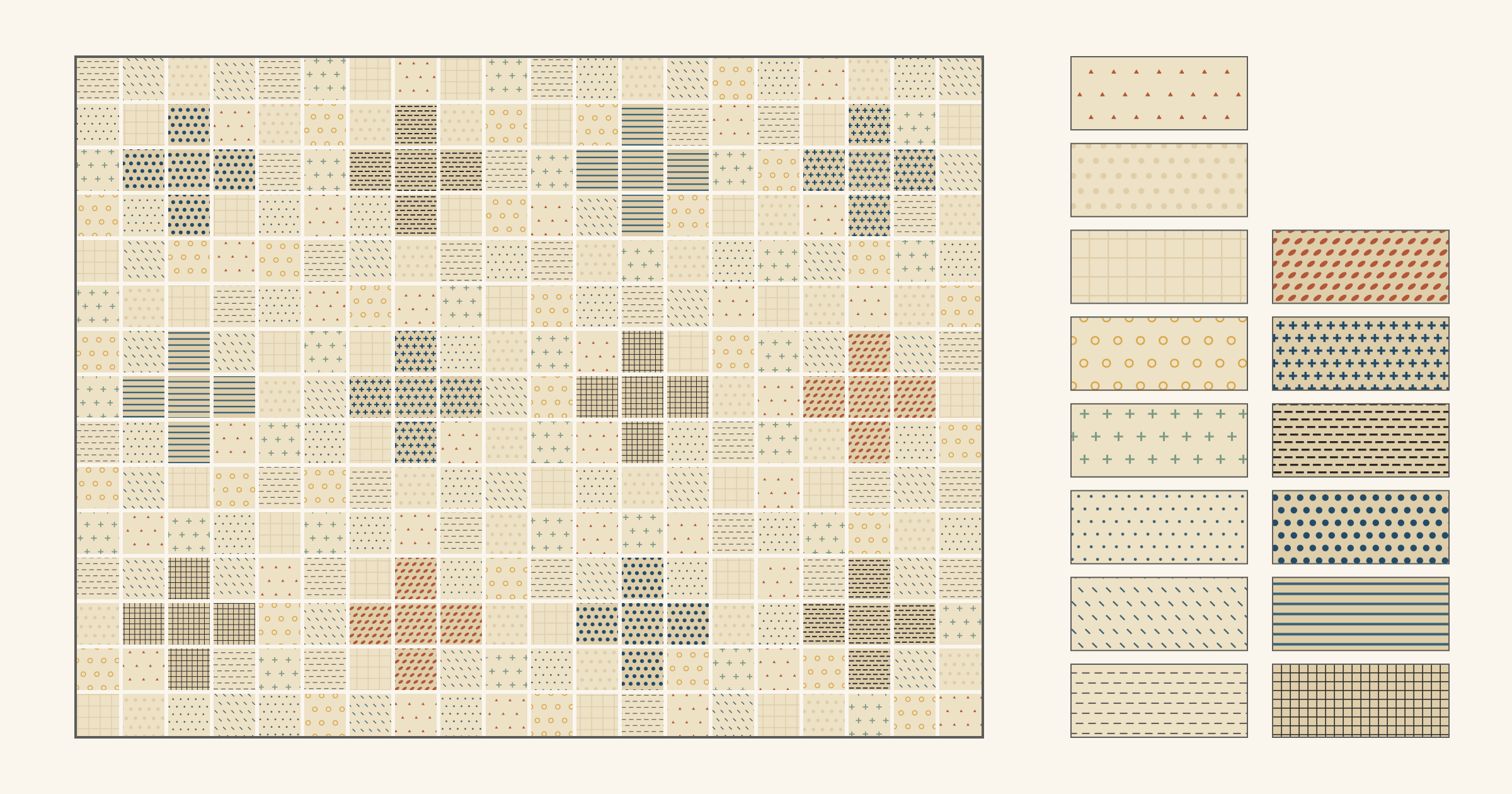 A low-volume plus quilt plan turned on its side, with twelve plus shapes in dense tan prints on a field of pale cream prints, beside the same prints sorted light to dark in a column of eight field prints and a column of six shape prints