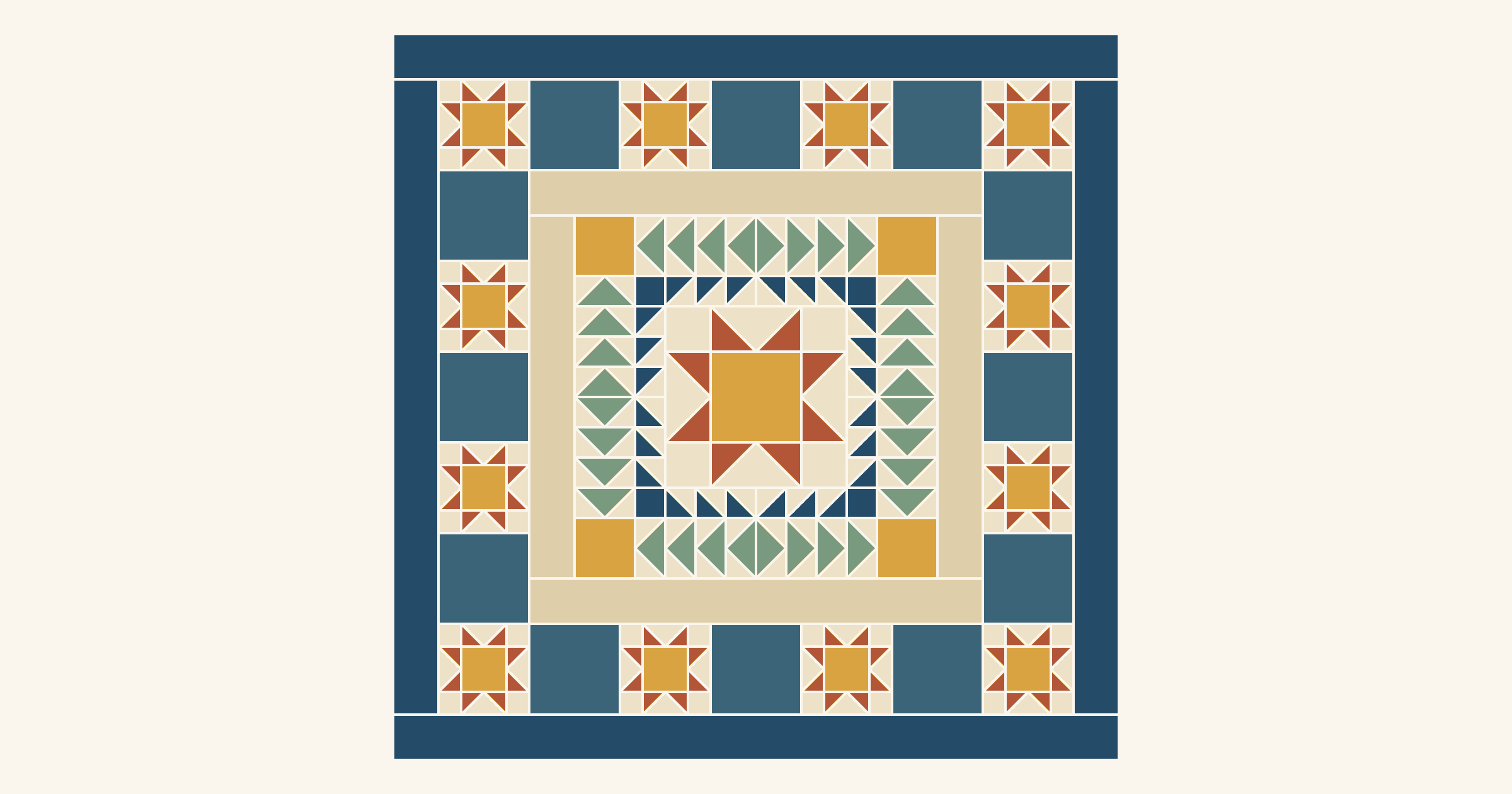 Drawn square medallion quilt with a rust and gold star at the center, rings of navy half-square triangles, sage flying geese and a tan spacer, then alternating star and blue blocks inside a navy border