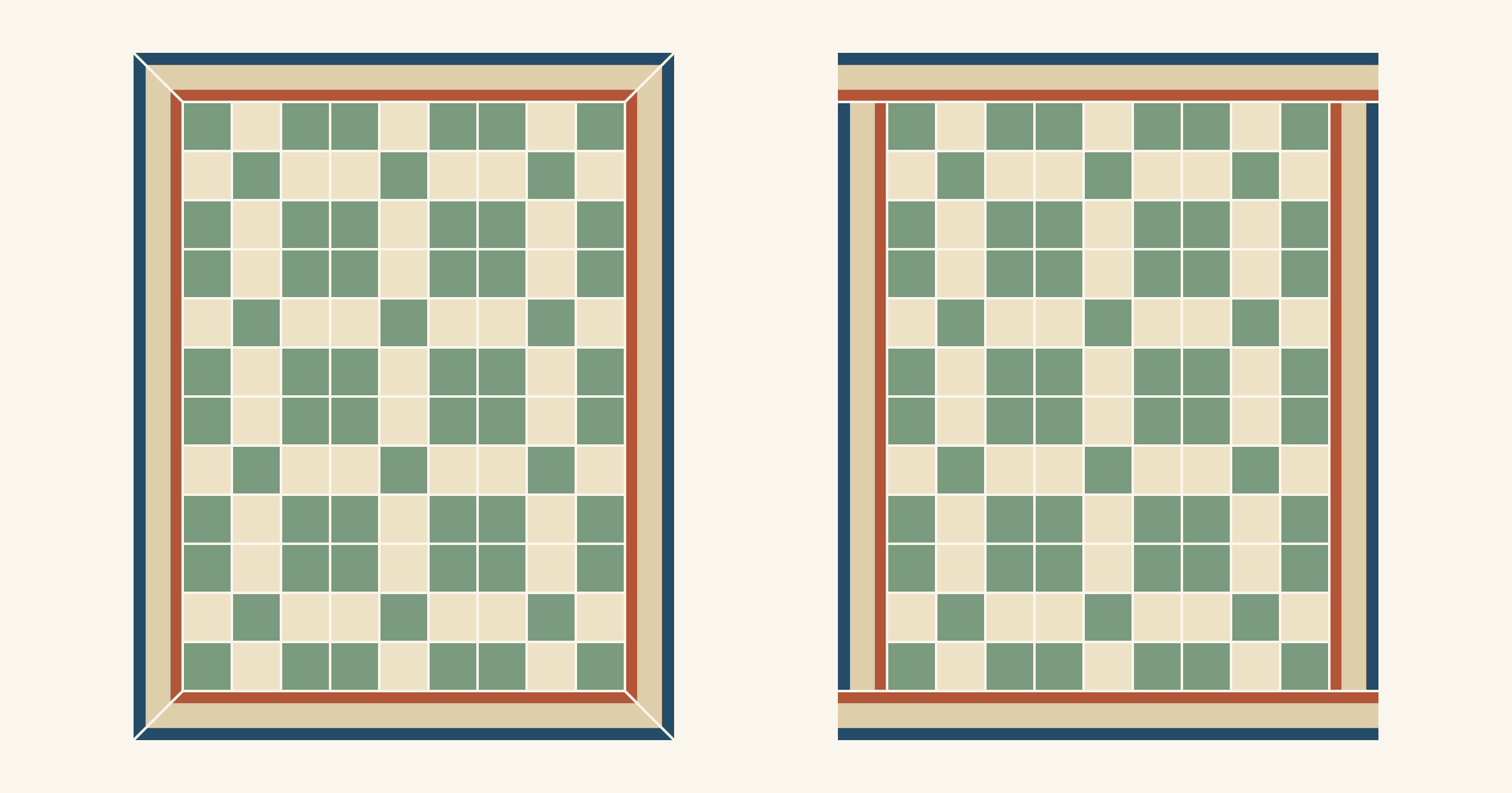 Two drawn 44-by-56-inch quilt tops with the same nine-patch center and a 4-inch navy, tan and rust striped border; on the left the corners are mitered so the stripes turn each corner, on the right they are butted so the stripes stop at the corner seams