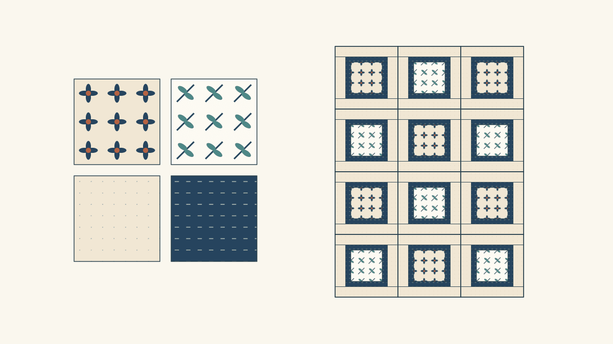 Four drawn navy, cream, rust and teal prints beside a twelve-block plan where two focal prints share navy inner frames and a quiet cream outer field