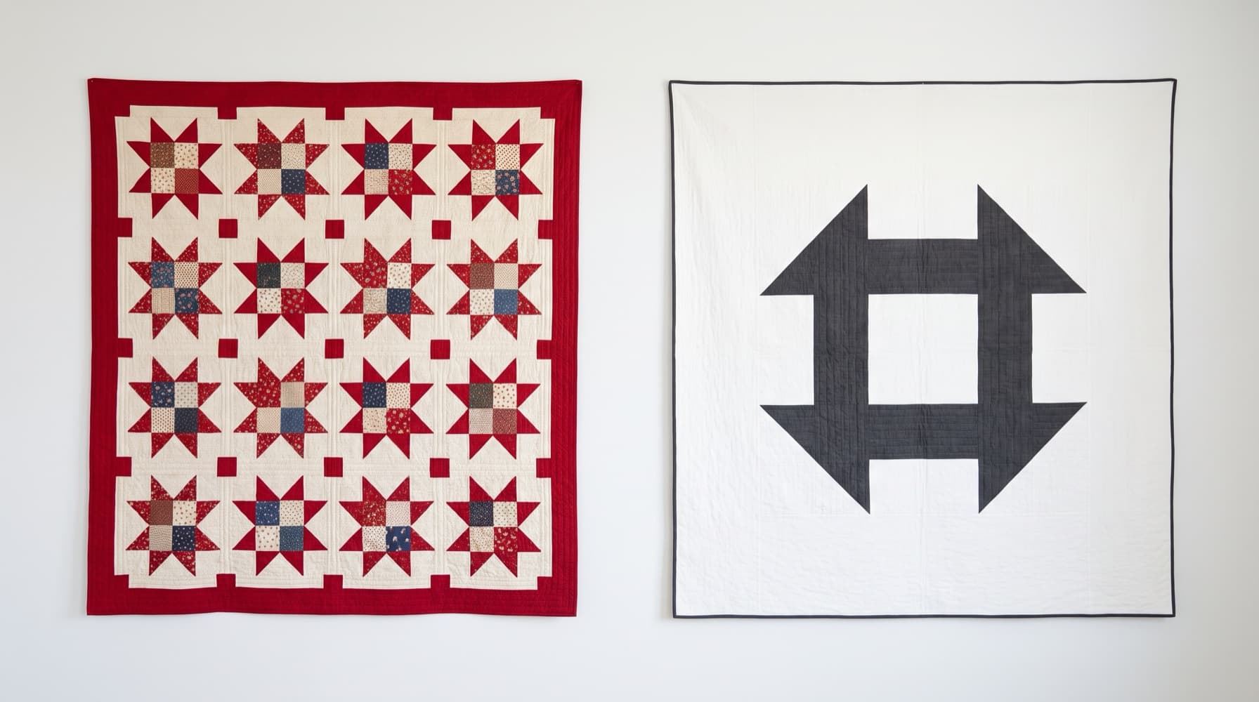 A traditional red Ohio Star quilt beside a modern quilt with one oversized charcoal Churn Dash block