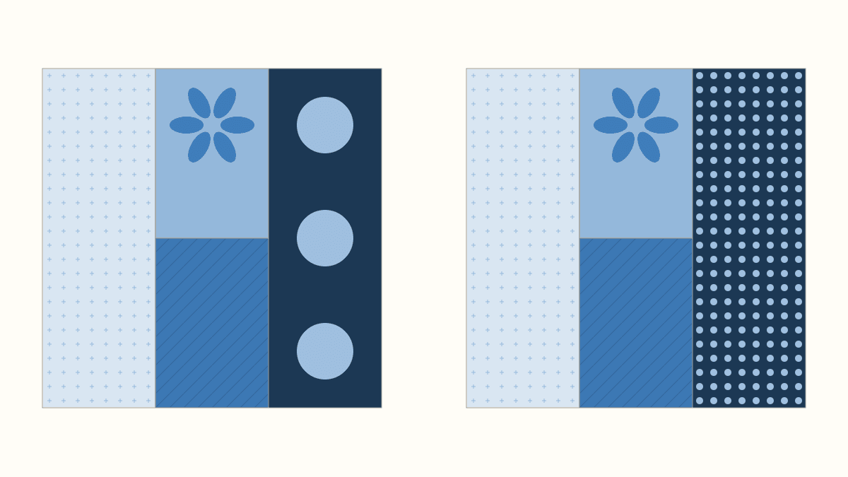 Two drawn blue blocks keep the same pale rails, flower windows and quiet center fabric while changing the dark right rail from large pale disks to tiny dots