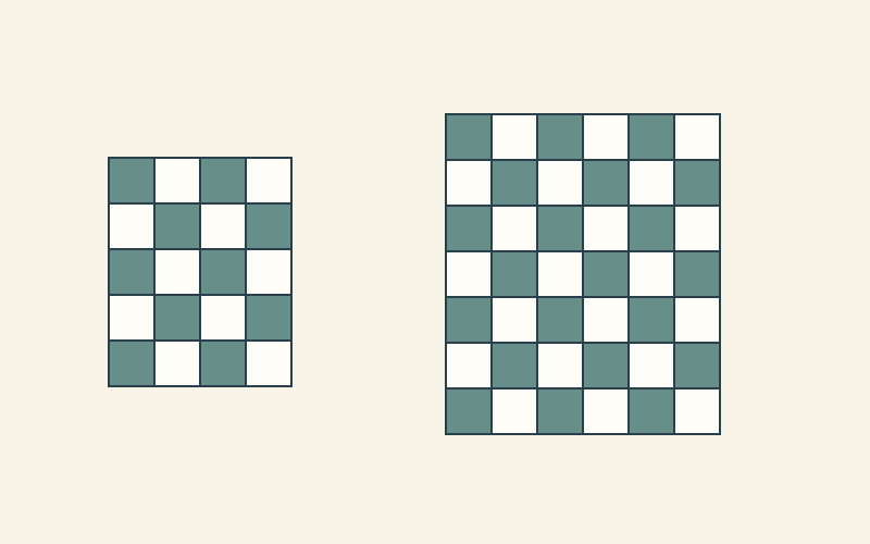 Text-free drawing of two checkerboard layout studies with different row and column counts