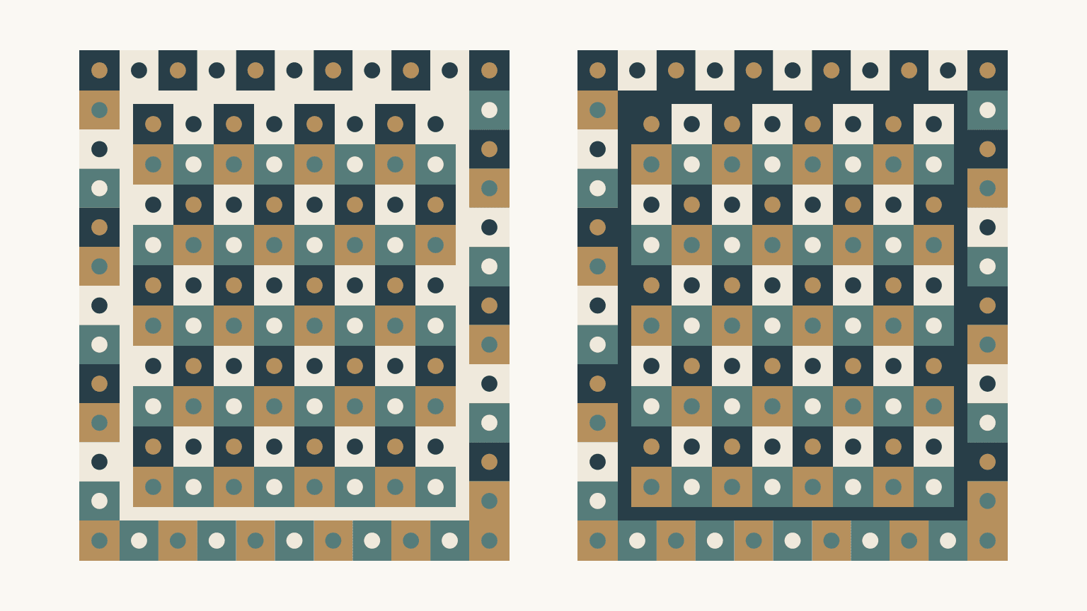 Two drawn 32-by-38-inch quilt tops with the same busy center and 3-inch patterned outer border, one with a 1-inch cream inner border and one with a 1-inch charcoal inner border