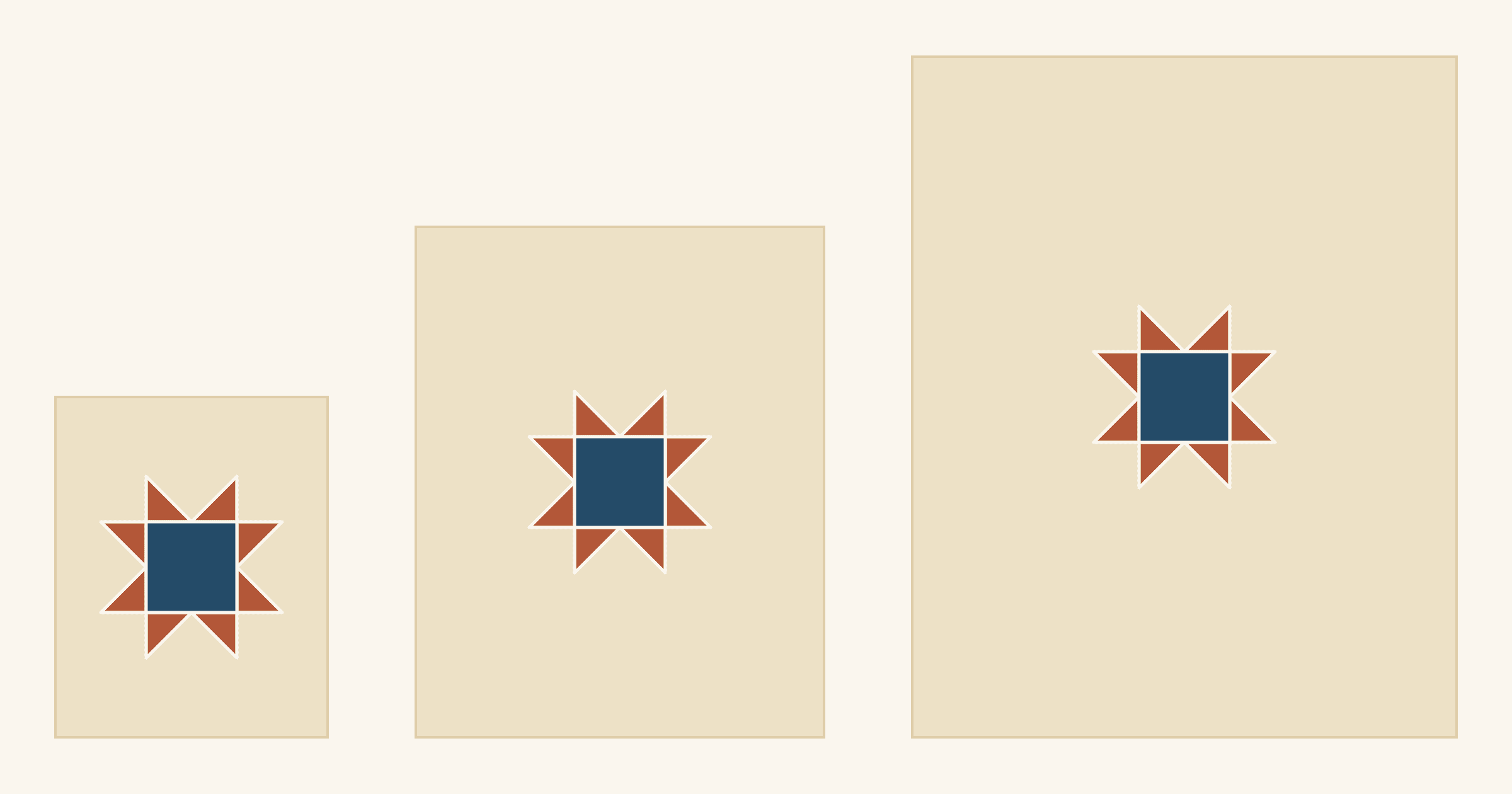 Three cream quilt tops drawn to one scale, 24 x 30, 36 x 45 and 48 x 60 inches, each with the same navy and rust 16-inch Sawtooth Star in the center