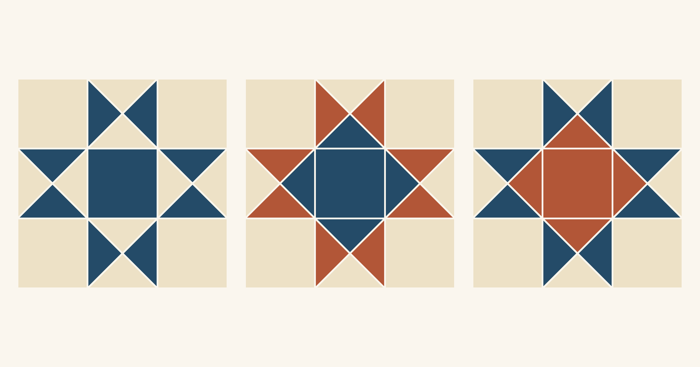 Three 12-inch Ohio Star blocks on cream: navy points and center, a navy center square on point ringed by rust points, and navy points around a rust center square on point