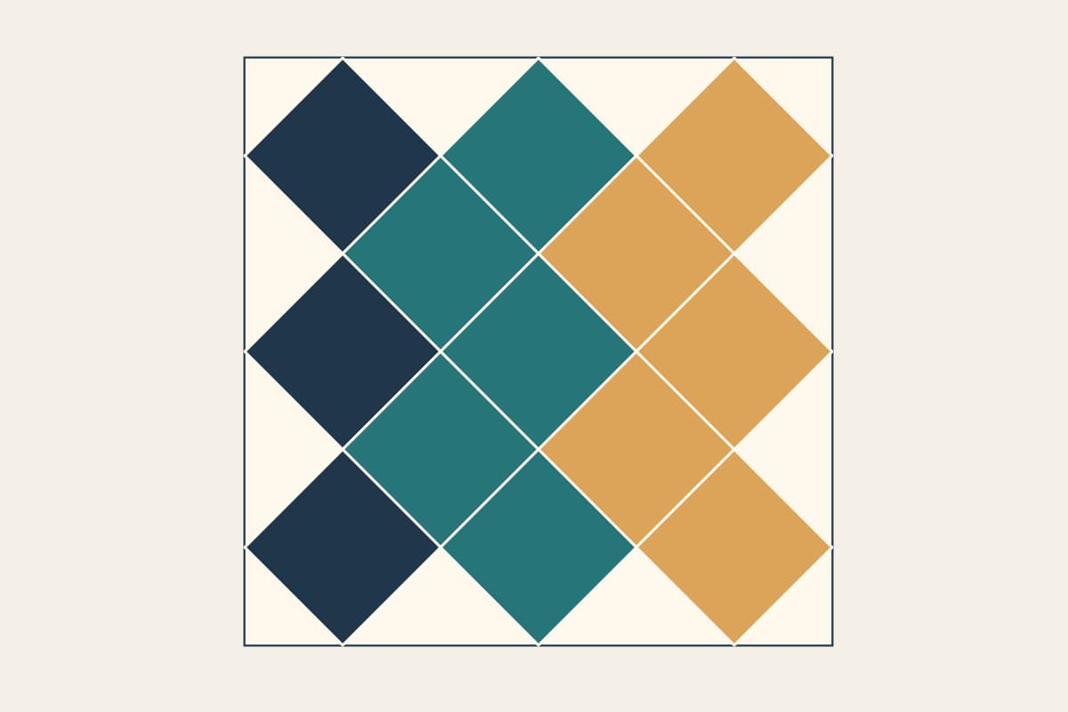 Original digital diagram of thirteen navy, teal and gold square blocks turned on point inside a square cream setting