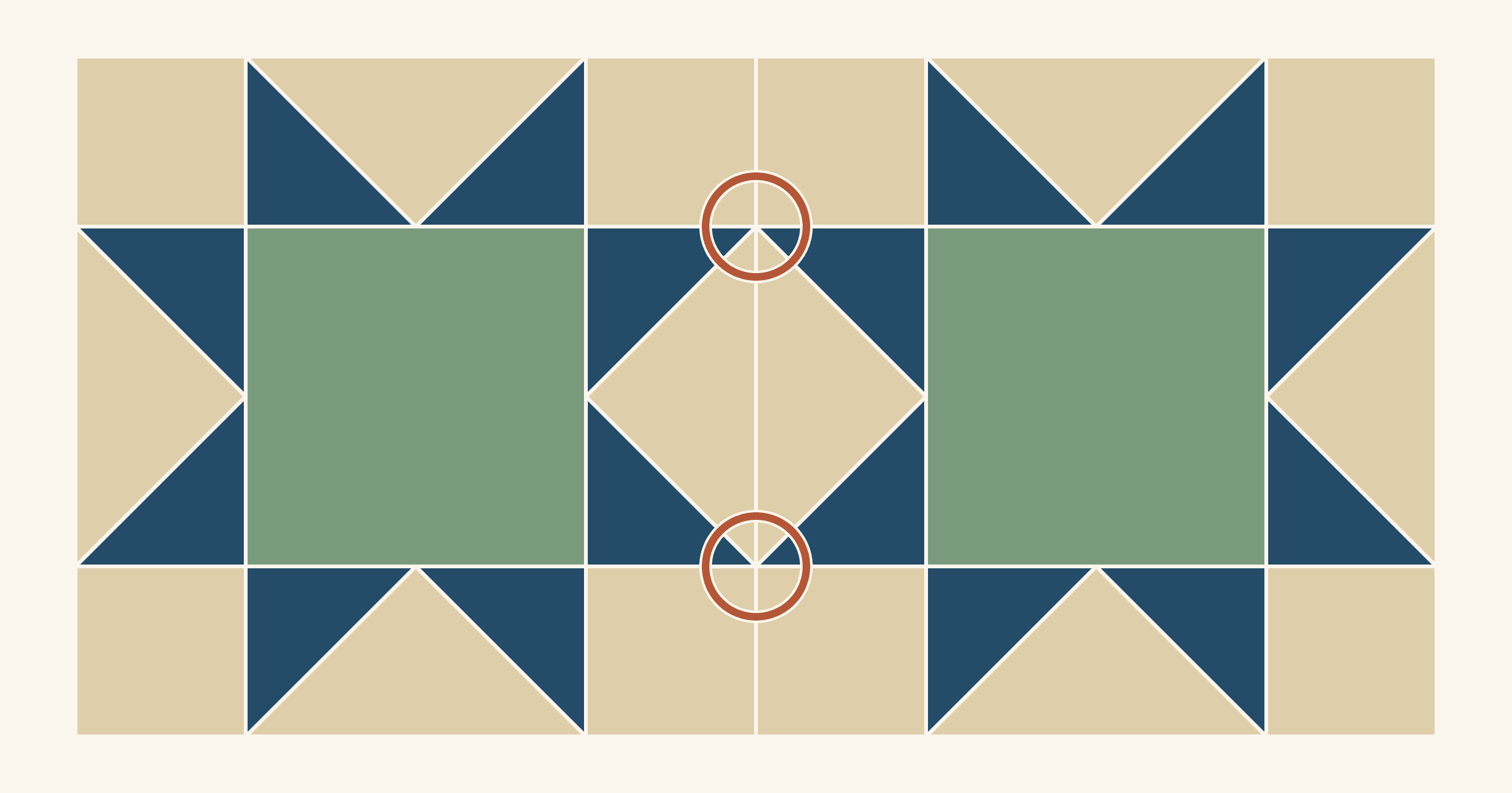 Diagram of two Sawtooth Star blocks joined side by side, navy star points and sage centers on a tan background, with rust rings around the two spots on the shared seam where a star tip from each block meets the other