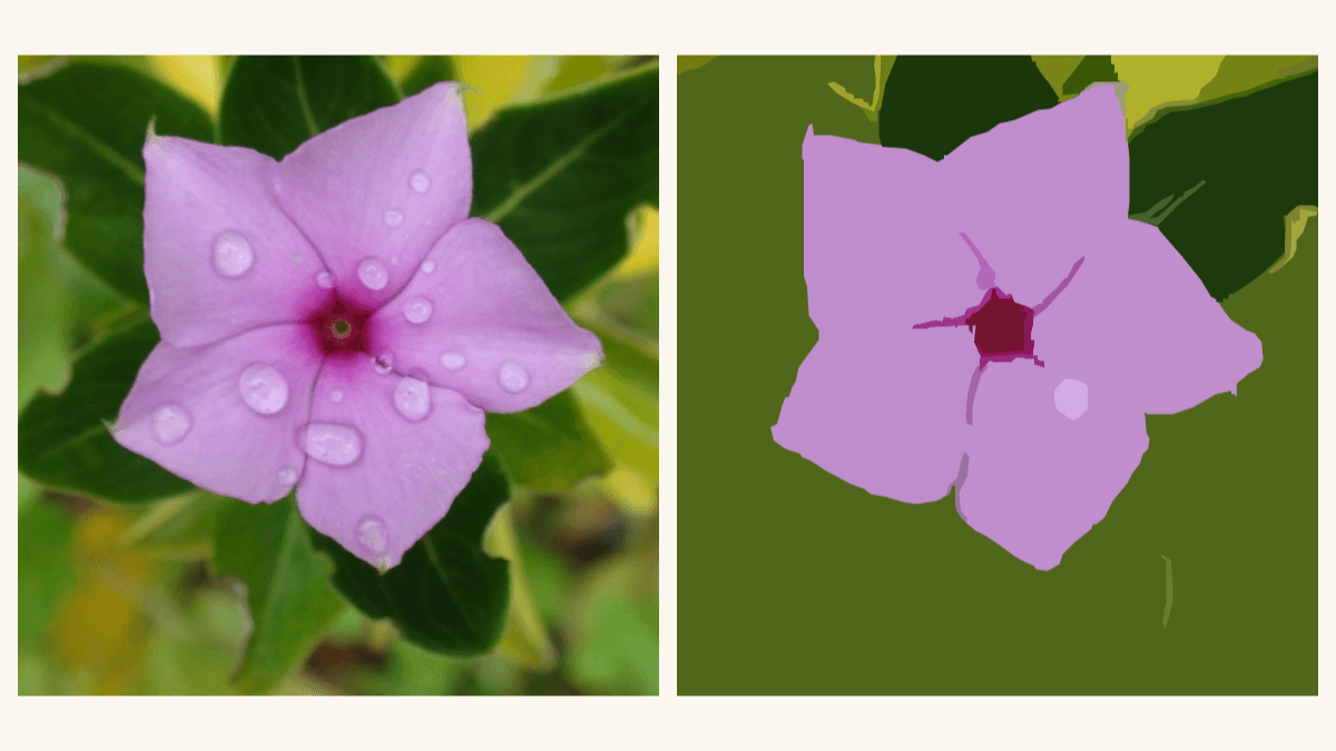 A cropped photograph of a pink flower beside the actual QuiltLab trace showing broad pink petals, a dark center and green background regions
