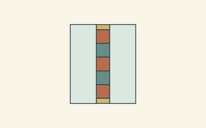 Text-free drawn quilt backing with a five-block vertical center stripe, gold end fillers and two broad quiet side panels