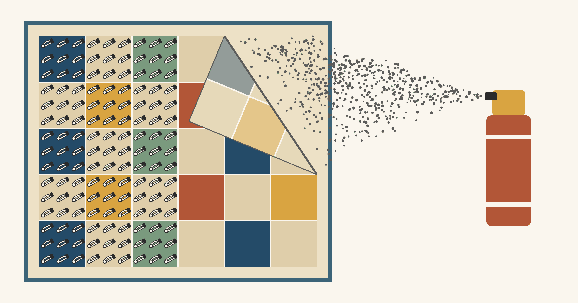 A quilt sandwich of 12-inch blocks on its batting and backing: the left three columns are held with curved safety pins on a 4-inch grid, and the top's upper-right corner is folded back so a spray can mists the batting underneath