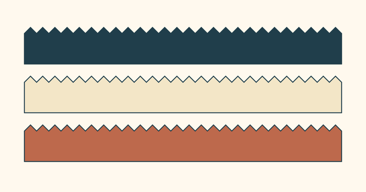 Three drawn precut strips with pinked peaks and valleys in navy, cream and rust