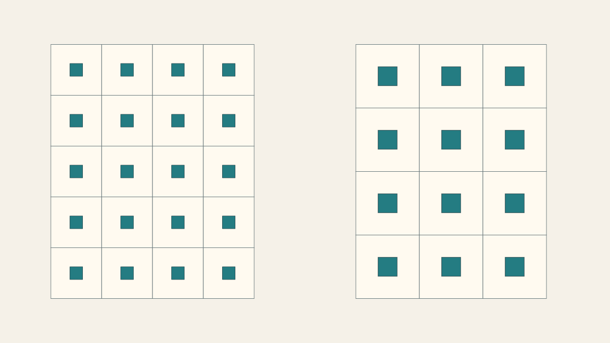 Two framed-square quilt drawings at the same scale: twenty small teal centers in a 32 by 40-inch layout and twelve larger centers in a 30 by 40-inch layout