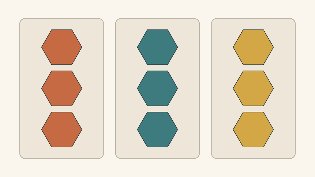 Three separate packets each hold three hexagons, colored rust, teal and gold, in a drawn packing plan