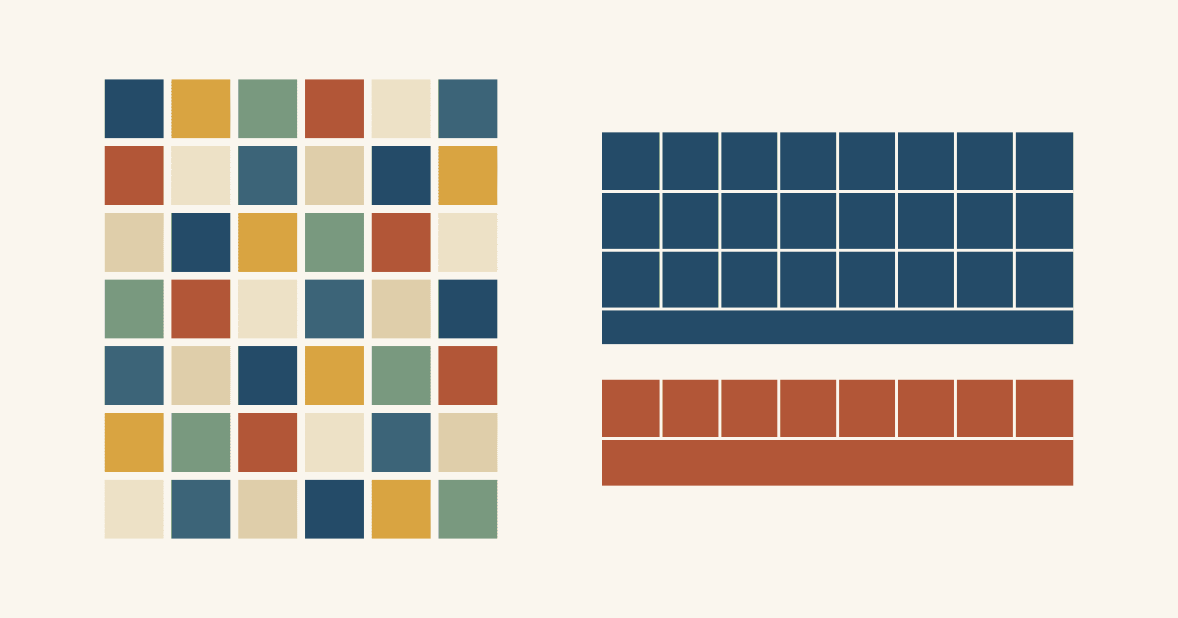 Flat diagram of 42 loose 5-inch squares in navy, mustard, sage, rust, cream, slate and tan beside a navy half yard cut into 24 squares and a rust quarter yard cut into 8 squares, each with an uncut strip of the same fabric left over