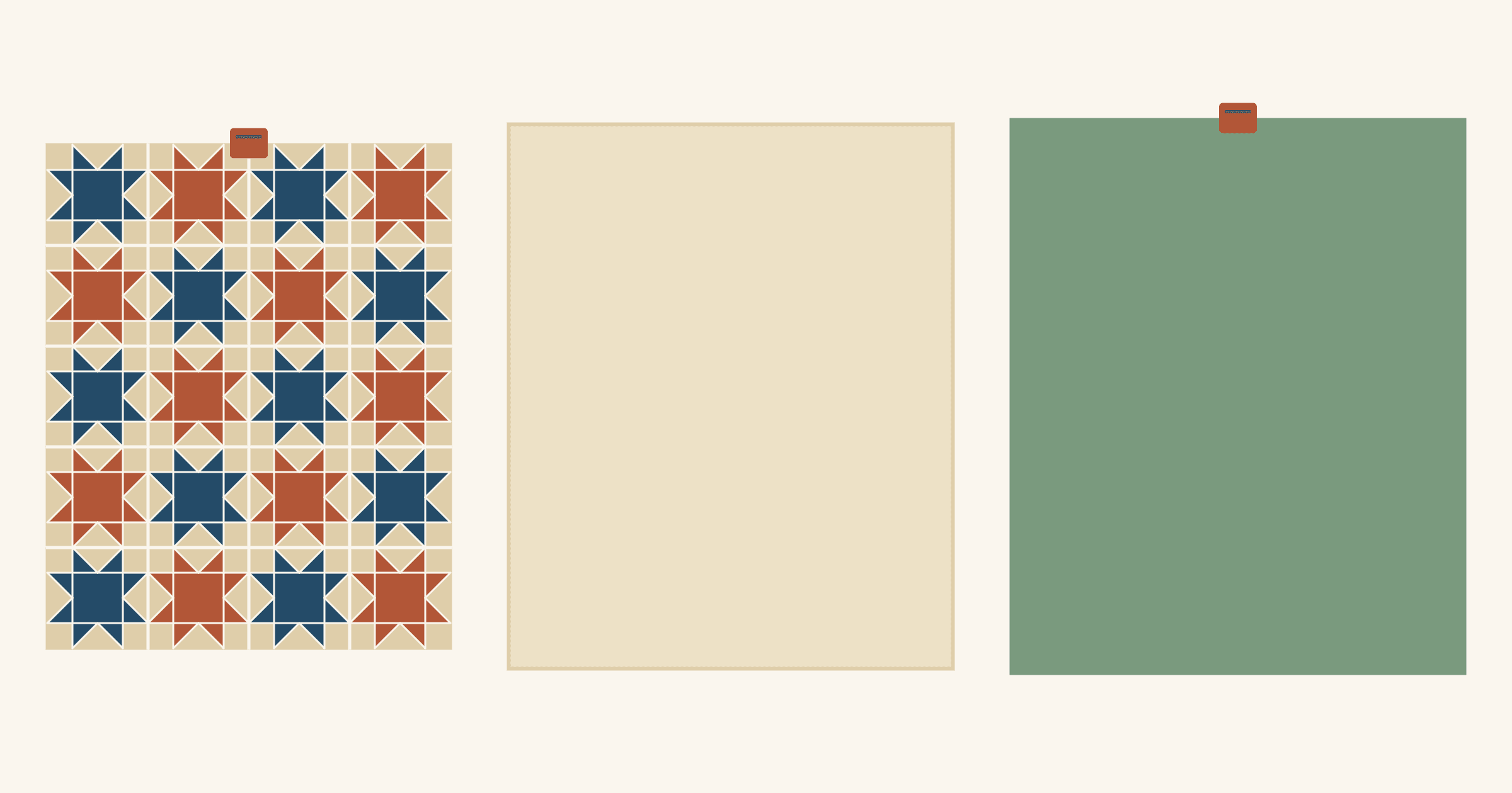 Three quilt layers laid side by side and kept apart: a Sawtooth Star quilt top, a plain cream batting 3 inches larger on each side, and a sage green backing 4 inches larger on each side, with a fabric tag pinned to the top edge of the quilt top and of the backing
