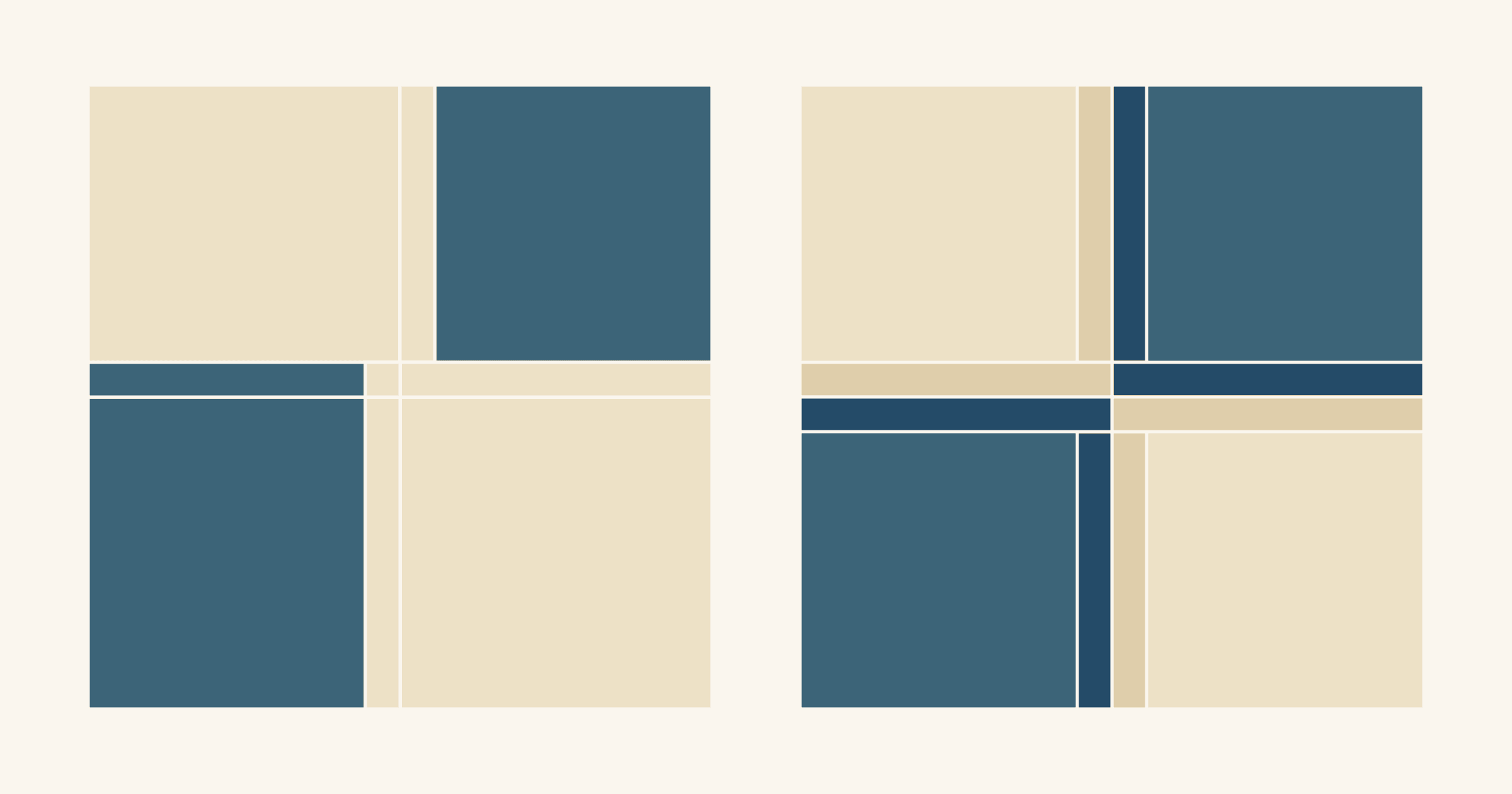 Backs of two navy and tan Four Patch blocks: on the left the seam allowances lie to one side of each seam, on the right each seam is pressed open