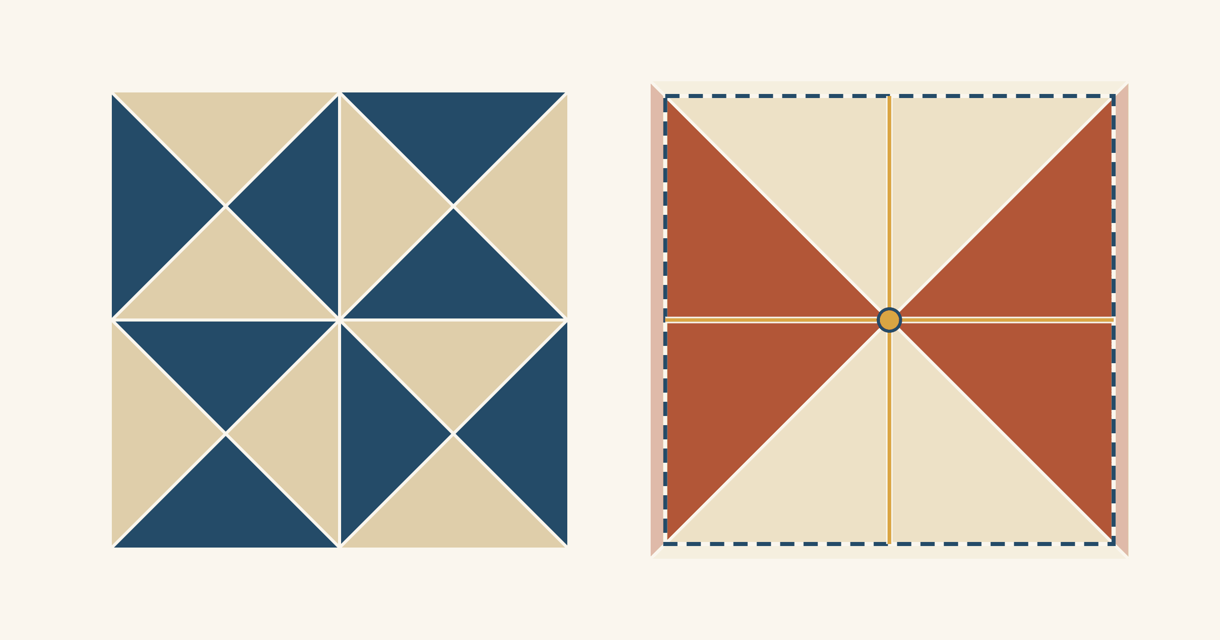 Four navy and tan hourglass units quarter-turned into a block, beside a larger rust and cream hourglass unit with a dashed trim square and ruler lines centered on its seam intersection