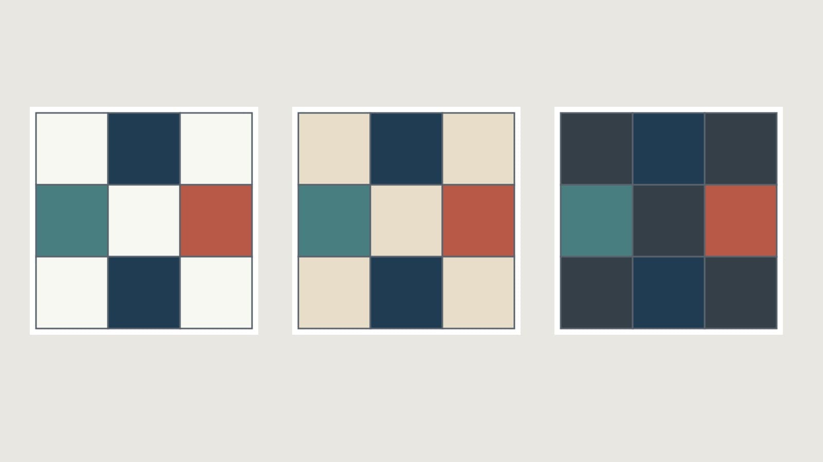 The same original nine-patch design shown against chalk, warm ivory and charcoal backgrounds, with navy, teal and coral patches held constant