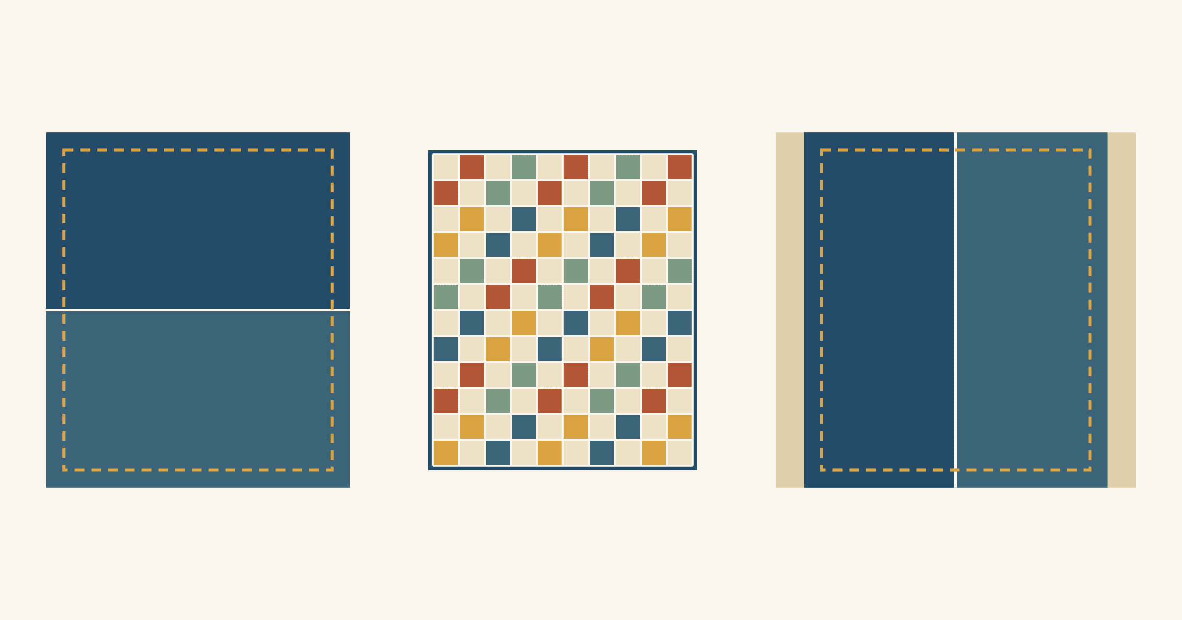 A 62 x 74 inch checkerboard quilt top between two backings drawn at the same scale: on the left, two panels joined by a horizontal seam; on the right, two panels joined by a vertical seam with trimmed strips at both sides