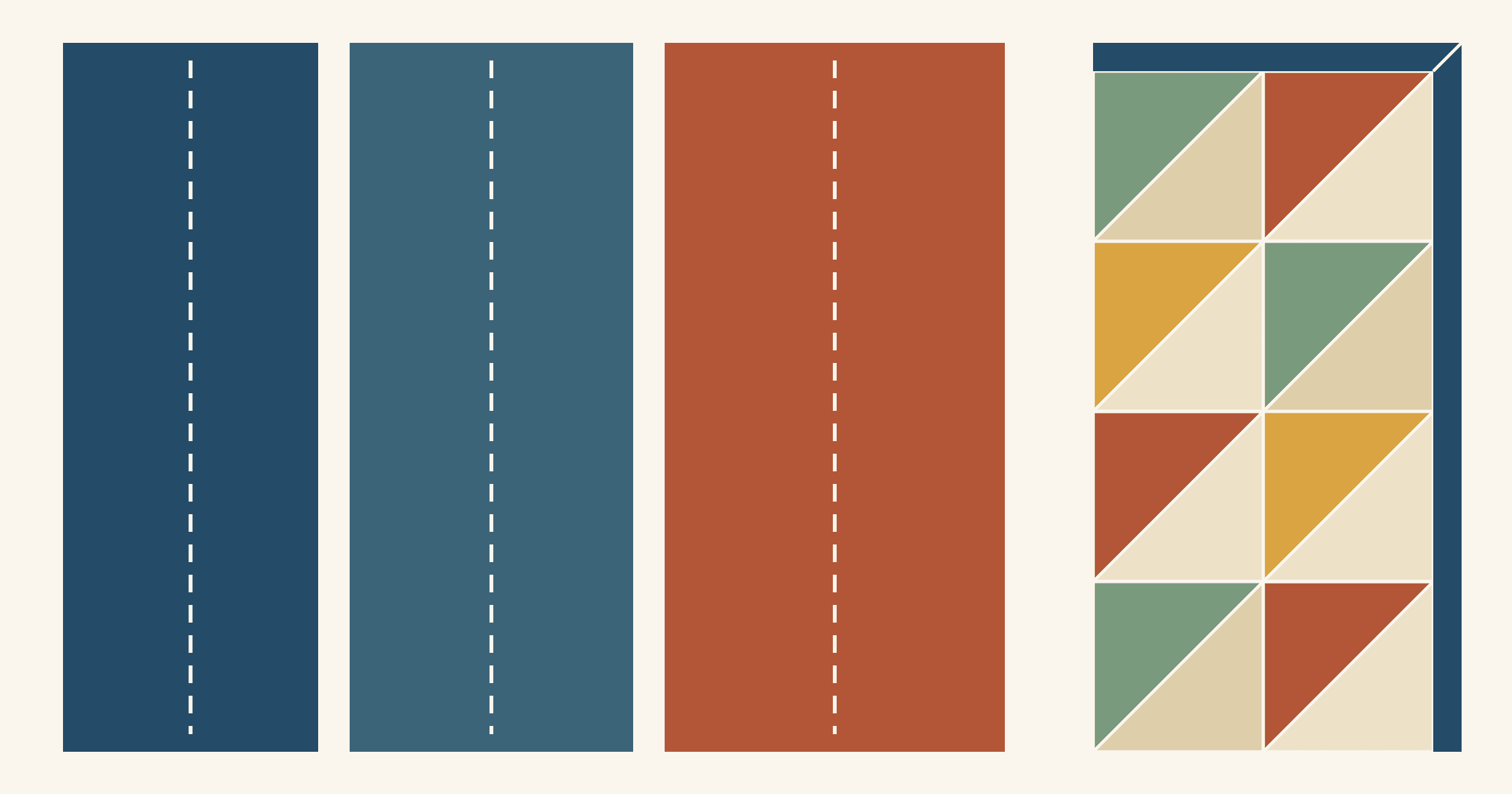 Three binding strips cut 2 1/4, 2 1/2 and 3 inches wide, each marked with a dashed center fold, beside the top-right corner of a half-square-triangle quilt finished with a 1/4-inch navy binding and a mitered corner
