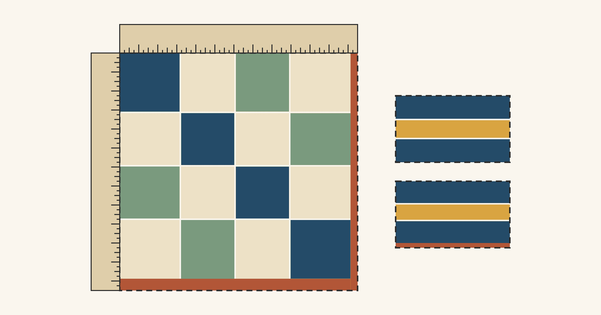 Flat diagram of a Sixteen Patch block inside a dashed 12 1/2 in. target outline with rulers on two sides and rust strips marking the shortfall, beside two three-strip seam test pieces, one 1/4 in. short
