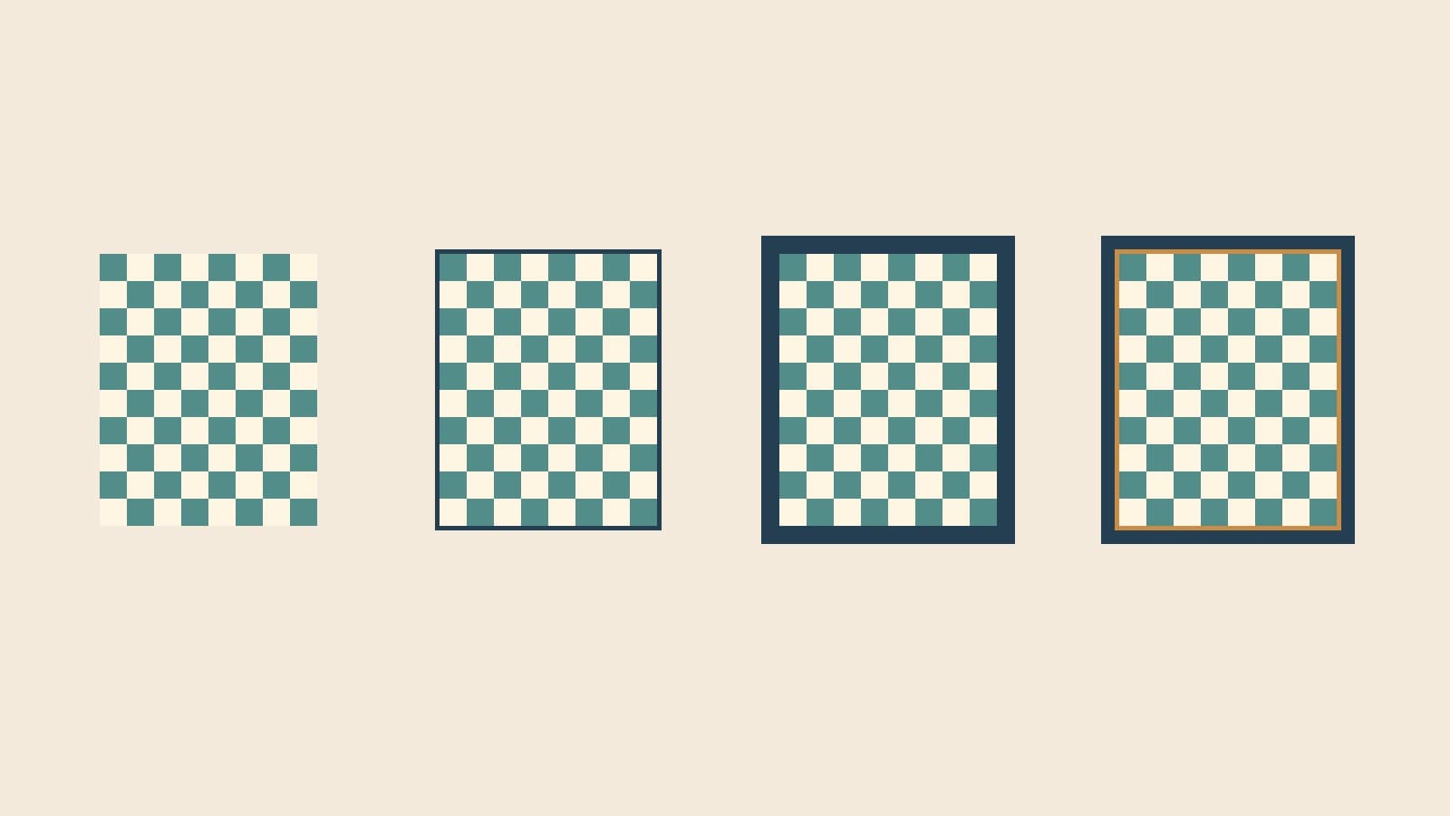 Four original teal-and-cream quilt diagrams with no border, a narrow navy border, a wide navy border, and gold plus navy borders