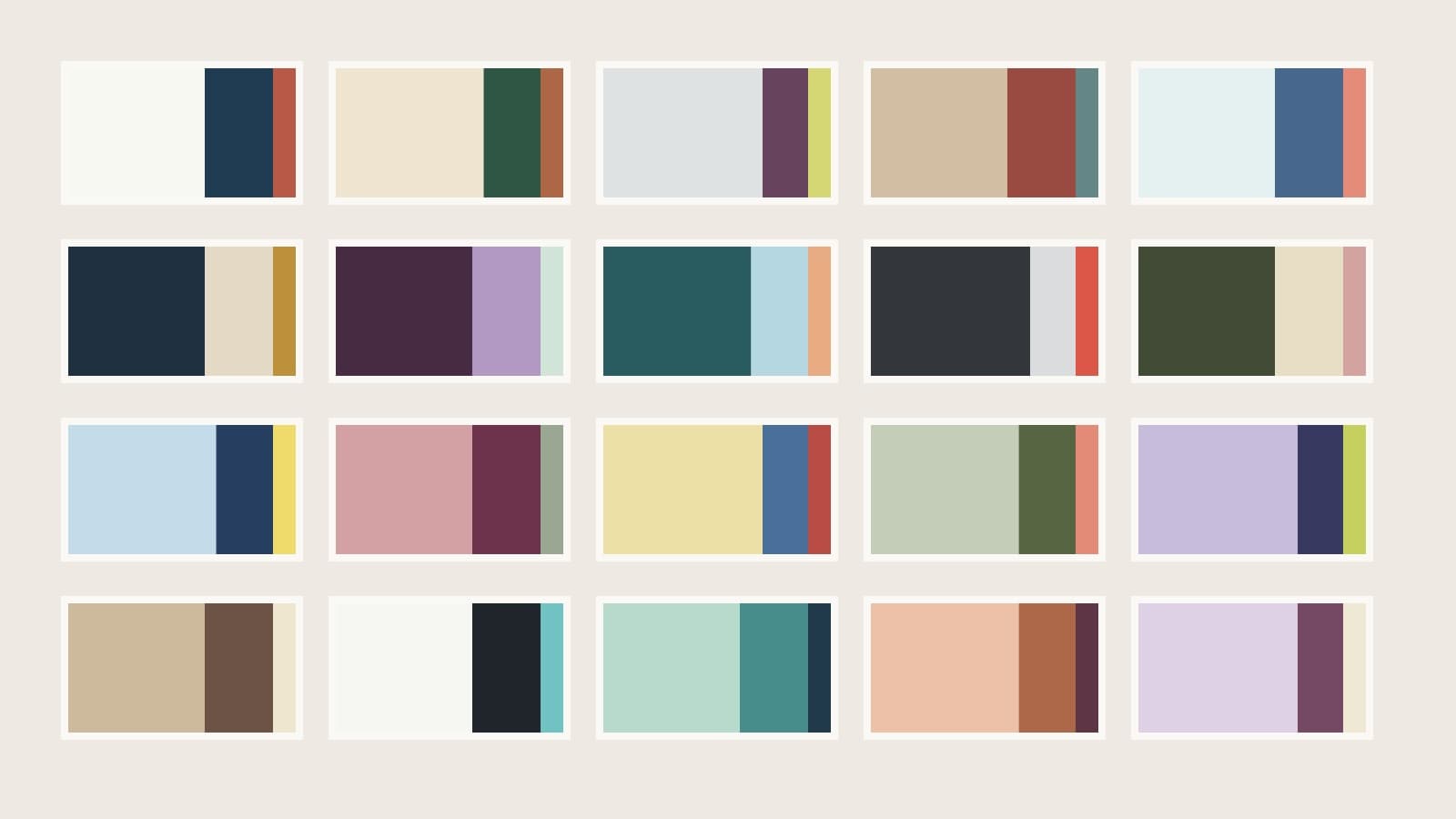 Twenty original three-color palette cards arranged in four rows, with each card showing its background, support and accent in the proposed area proportions