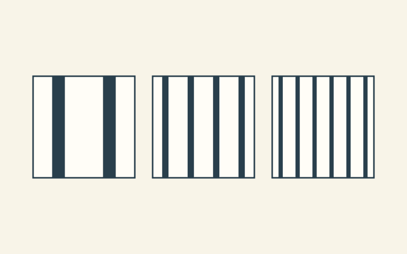 Text-free drawing of three square studies with two, four and six vertical navy bands while the total navy area stays equal