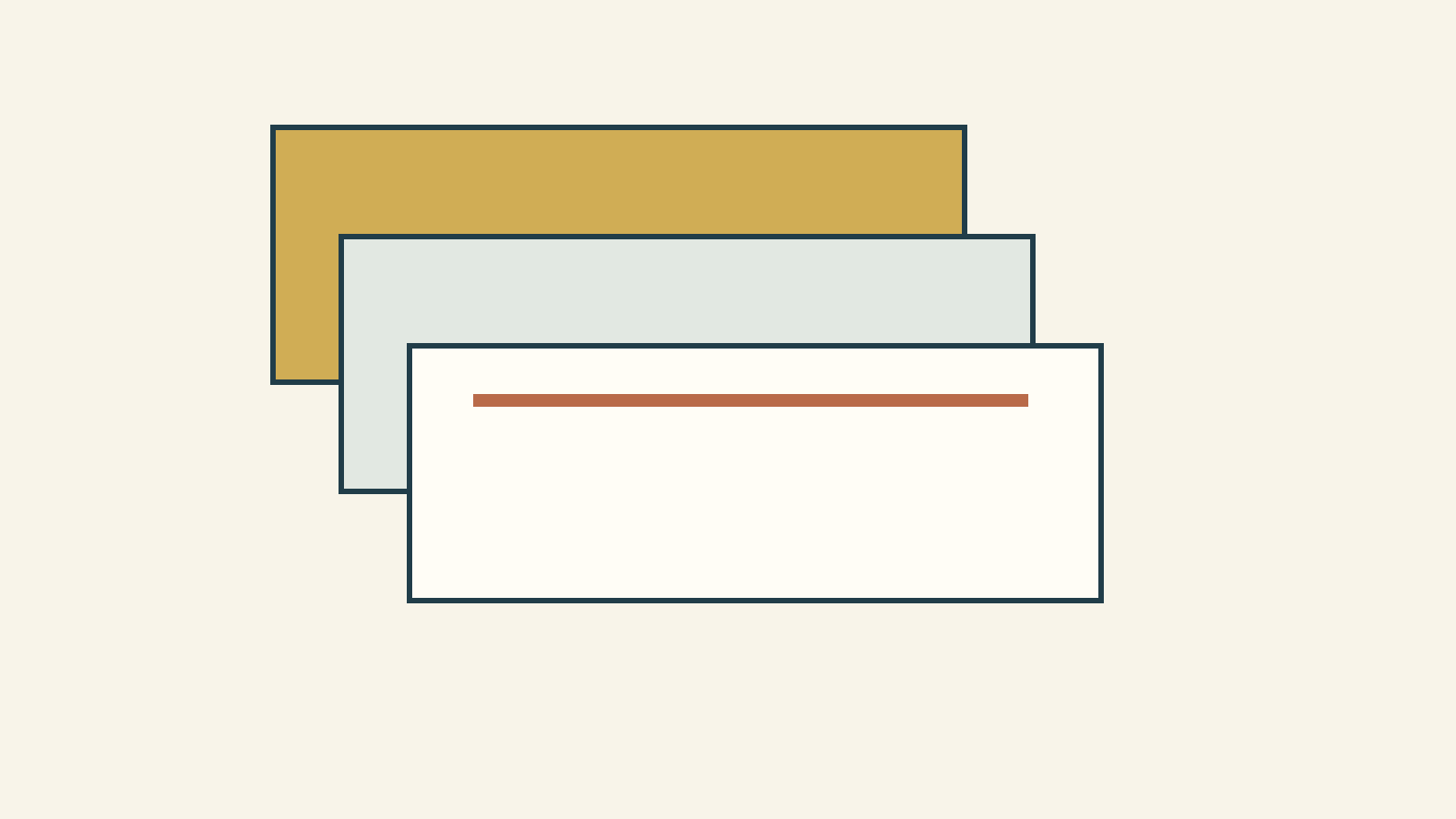 Text-free drawing of three offset fabric-layer rectangles and a seam line, shown schematically without predicting show-through