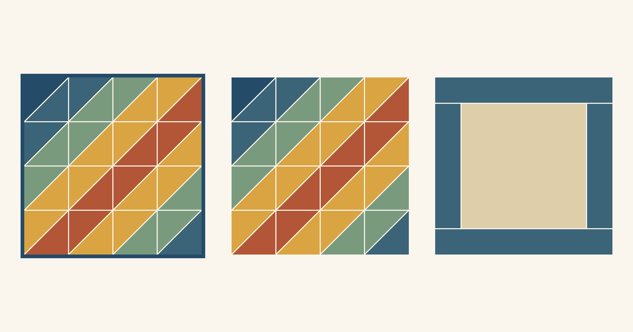 One drawn mini quilt of diagonal half-square-triangle stripes shown three ways: bound with a thin navy frame, faced with the stripes running to the edge, and from the back, where slate facing strips line all four sides of the tan backing