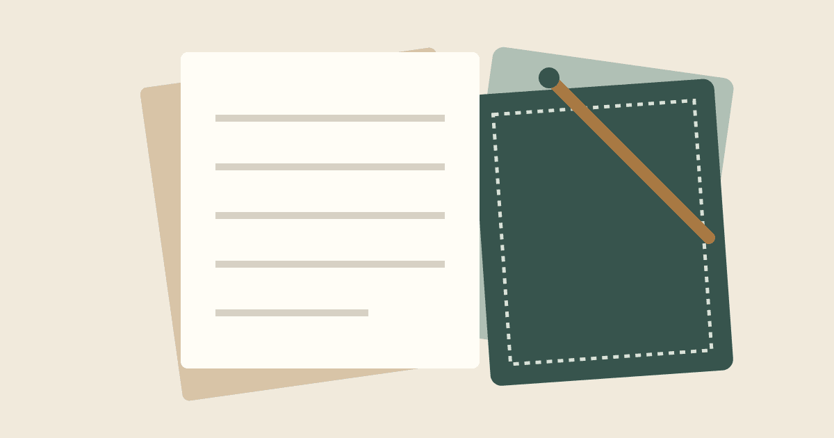 A lined note sheet beside a dark green fabric swatch with dashed stitching and a pin, laid on a cream background