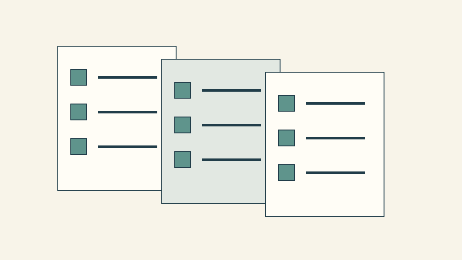 Text-free drawing of three overlapping checklist sheets with blank fields