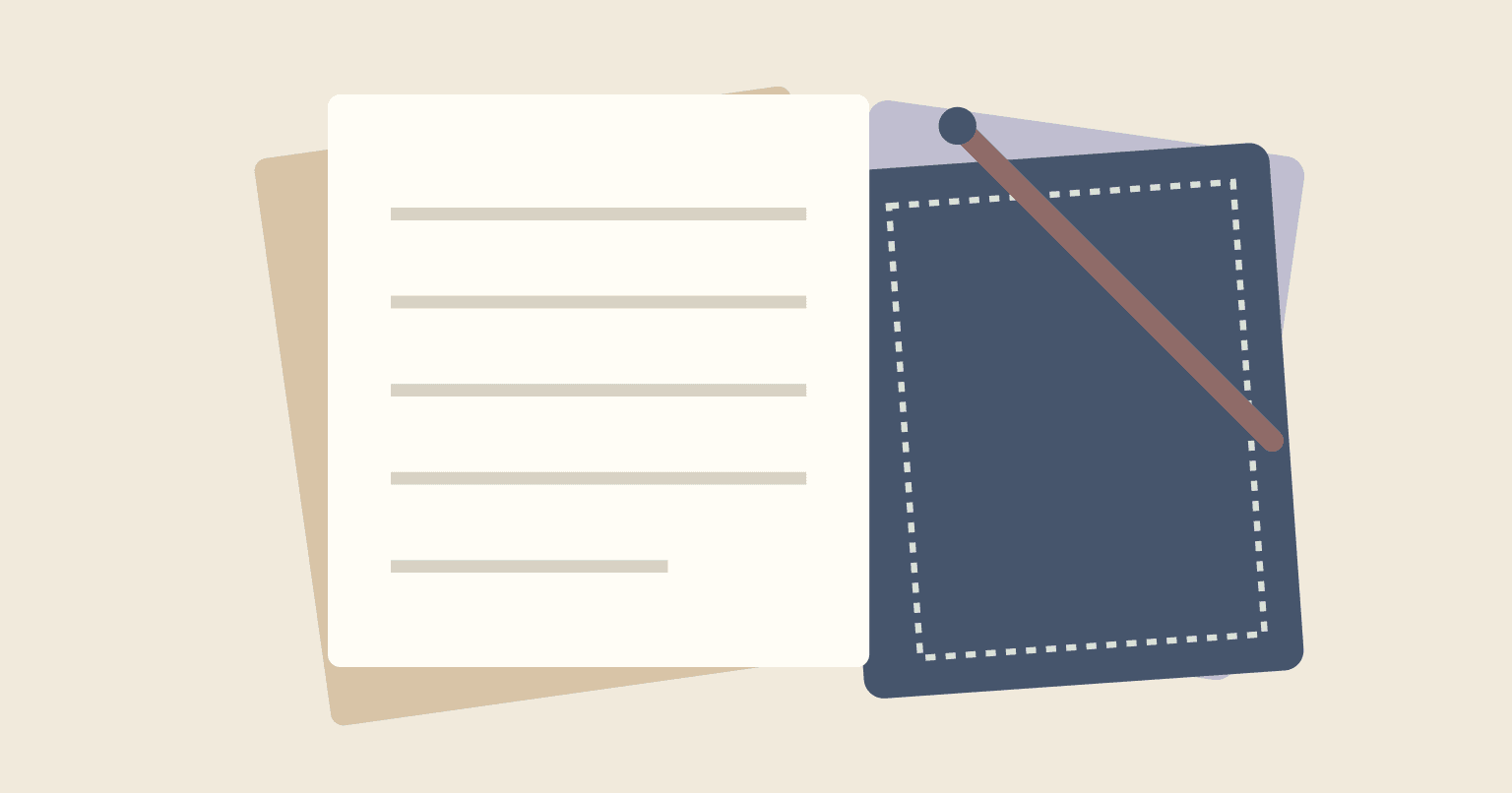 Drawing of a lined notebook page beside a navy fabric square with a dashed stitch line and a pin