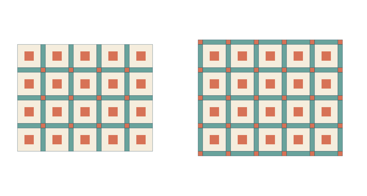 Diagrams show twenty cream-and-coral blocks with teal sashing and coral cornerstones, first internally and then with an outer sashing frame