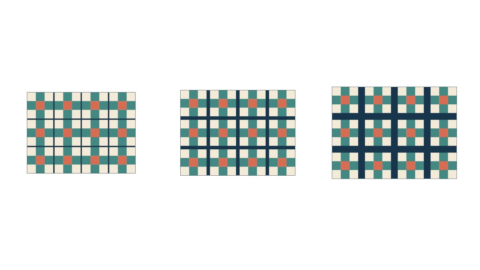 Original unsewn diagrams of twelve identical blocks with narrow, medium and wide navy sashing, all drawn at the same scale