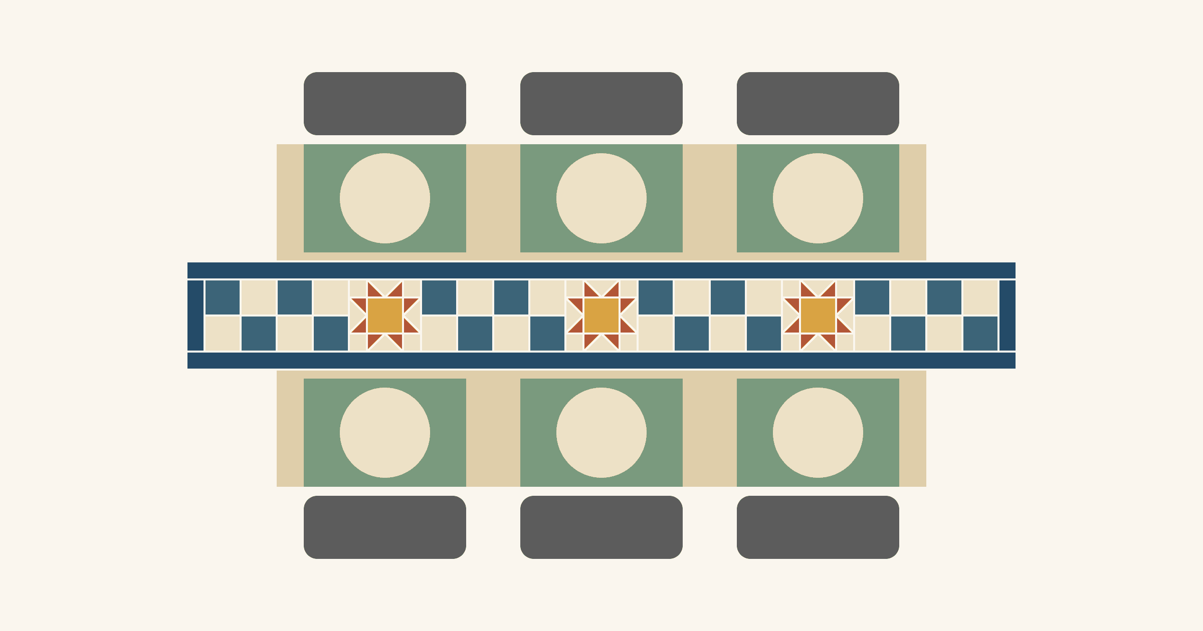 Top view of a 72 by 38 inch table with six chairs and six sage placemats, and a 12 by 92 inch runner down the middle: navy border, Four Patch blocks, and a rust and mustard Sawtooth Star in front of each pair of chairs, with the runner hanging 10 inches past each end