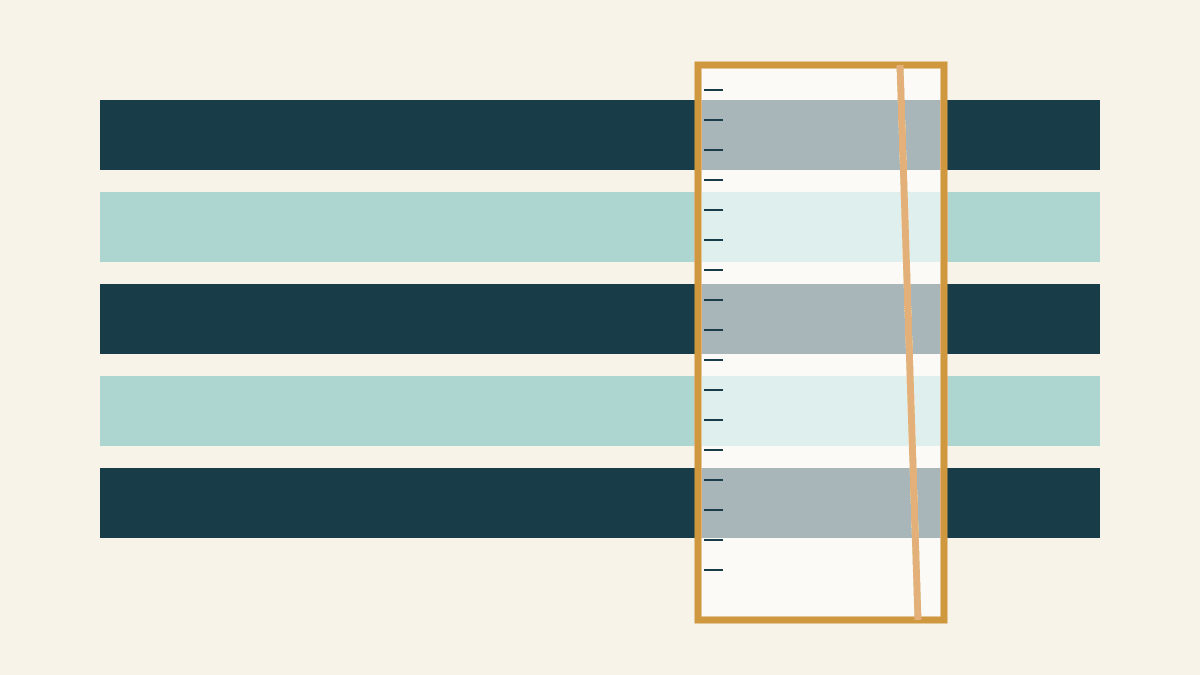 Text-free vector illustration of parallel navy and teal fabric strips under a translucent ruler, with a contrasting angled guide line
