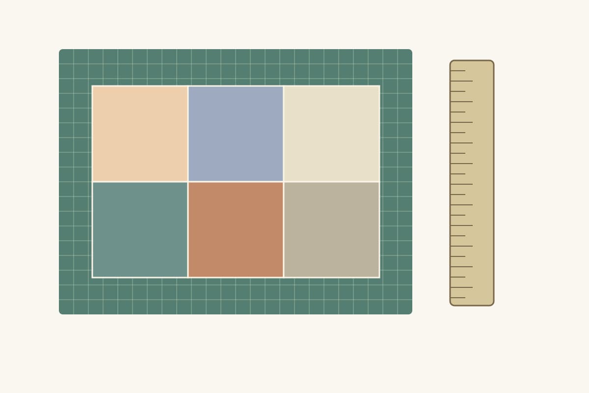 Original illustration of six square fabric cuts on a green gridded cutting mat with an unscaled ruler icon beside it