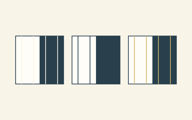 Text-free drawing of three split light-and-dark squares with the same line paths drawn in different colors