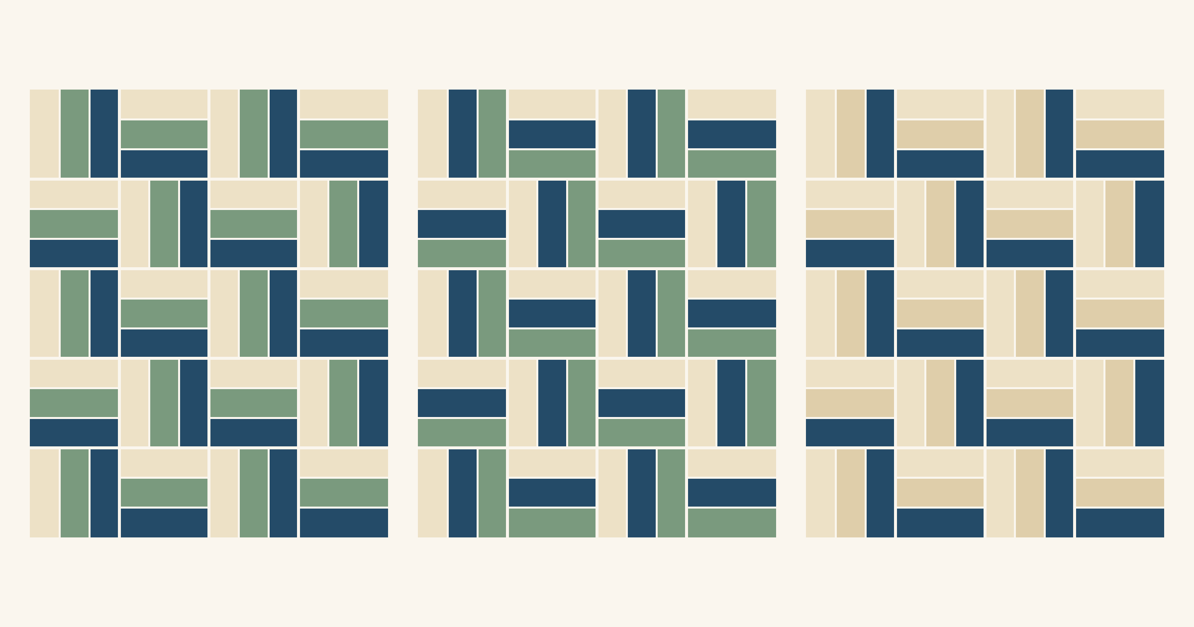 Three patches of 20 Rail Fence blocks each, with every other block turned: cream, sage and navy strips; cream, navy and sage; and cream, tan and navy