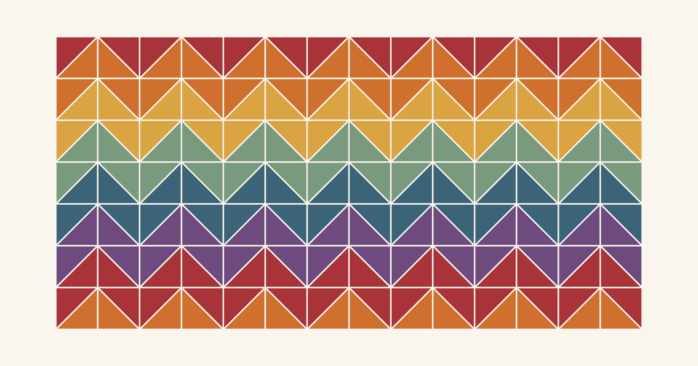 A zigzag rainbow quilt top of 14 columns and 7 rows of half-square triangles in red, orange, yellow, green, blue and purple bands